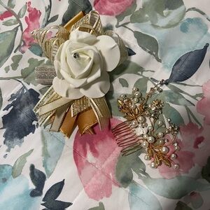 White and Gold Corsage And Hair Clip Set